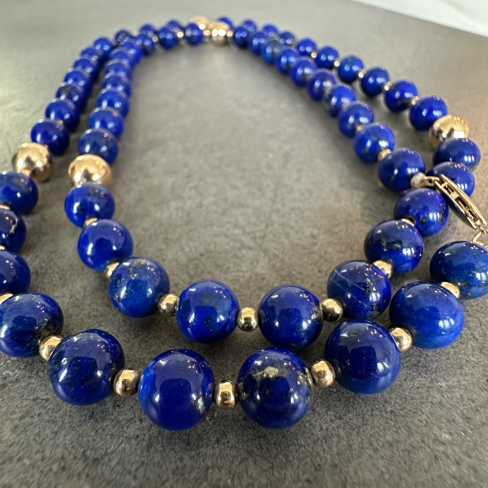 Stunning Vintage 14k Solid Gold Lapis Lazuli Beaded Necklace